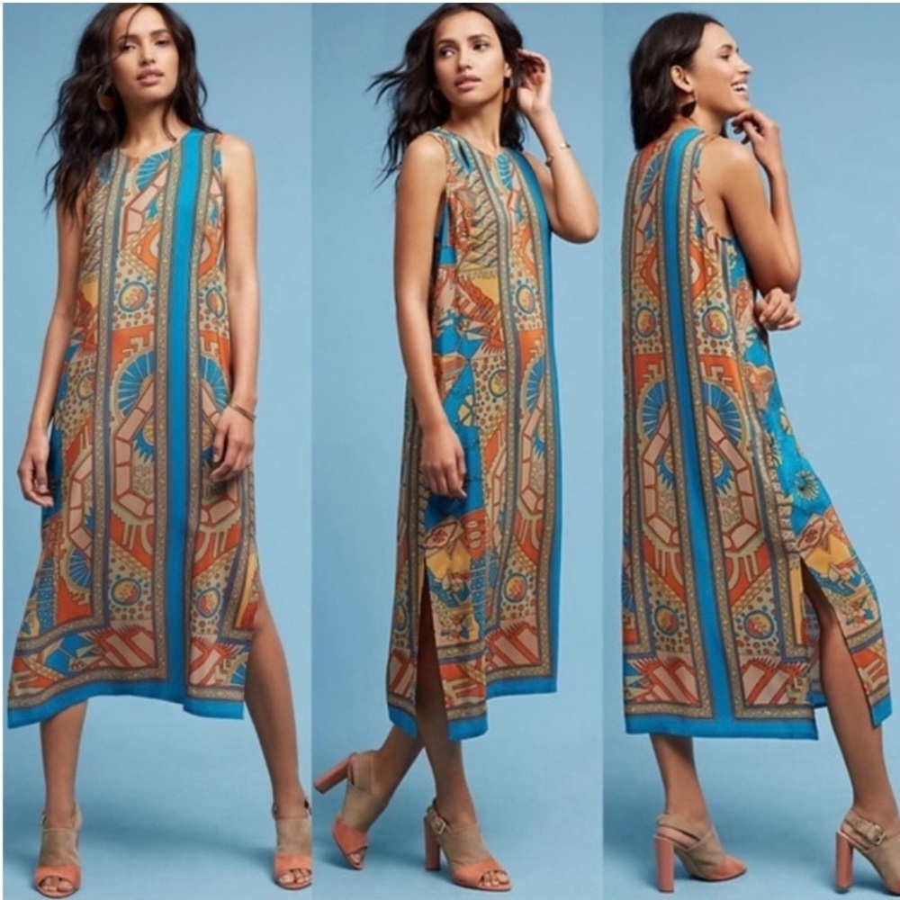 Asymmetrical Sleeveless Dress with Blue and Orange Patterns